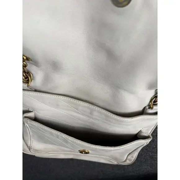 Saint Laurent YSL Bag Womens White Quilted Leather Chain Shoulder Chevron Purse - Picture 7 of 12